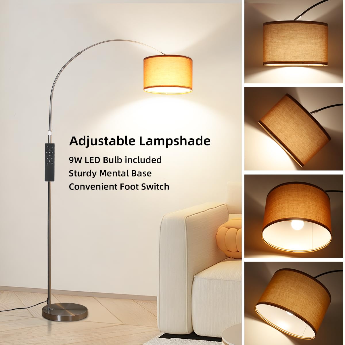 ANTENLICHT AURA Bogenlampe Stehlampe mit Fernbedienung Inklusive LED E27 | Wohnzimmer Stehlampe Dimmbar Nickel I Stoffschirm Braun I Fußschalter I Bogenleuchte Vintage für Schlafzimmer, Hotel