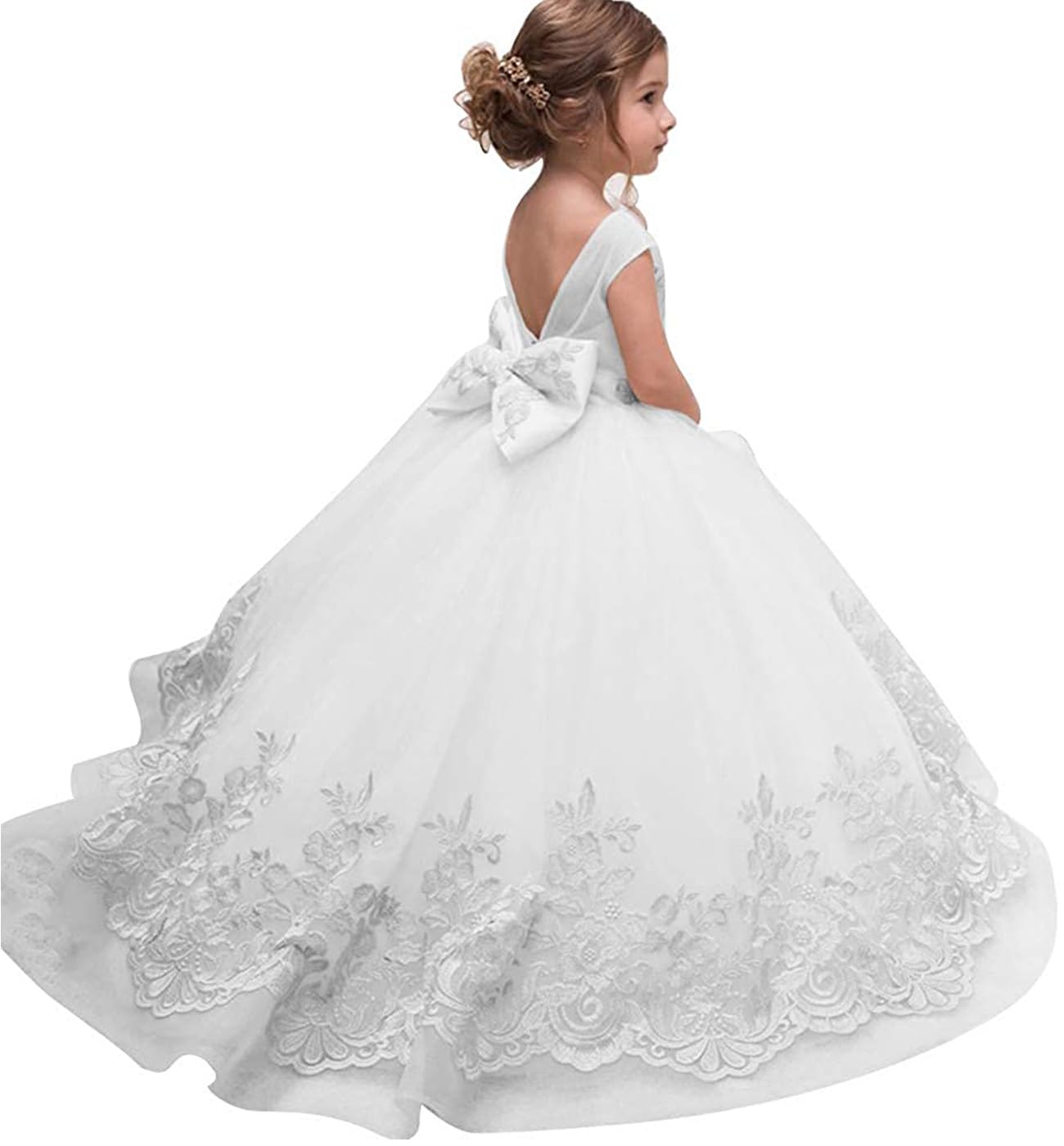 PLWEDDING Fancy Spitze Applikationen Blumenmädchen Kleid Kinder Hochzeitskleid Mädchen Prinzessin Tüll Ballkleid