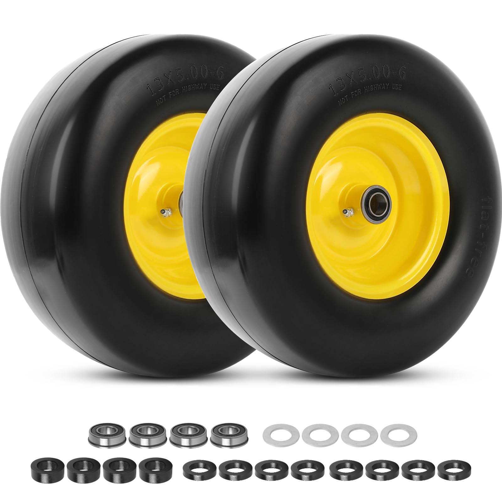 ar-pro 13x5.00-6 flat free tire and wheel, relacement 13x5-6 solid smooth tread tire with rim for garden tractor riding lawn mowers, 3.25"-5.5" centered hub and 3/4" bearings extra 5/8" (2-pack)