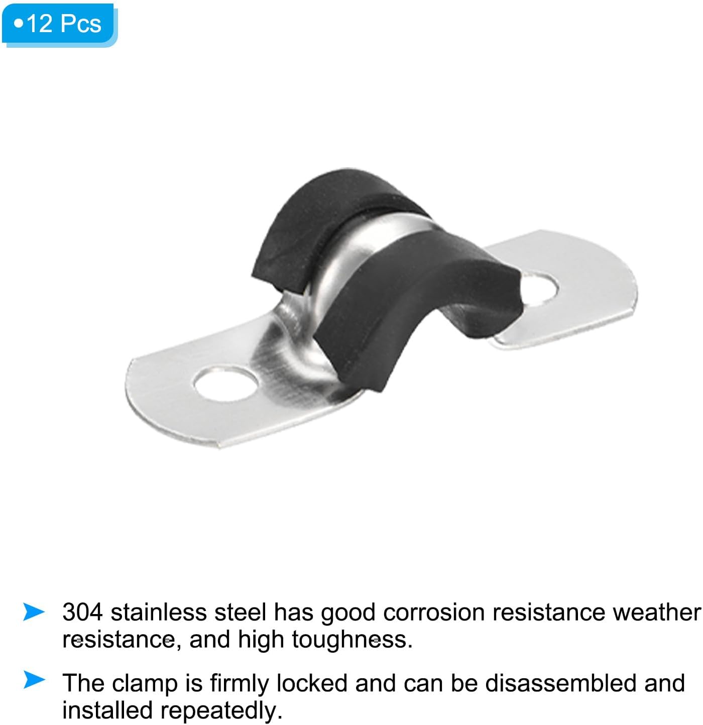 0.24 inch/6mm Rigid Pipe Strap Clamp, 12 Pcs 304 Stainless Steel Two Hole U-shape Tube Clip Pipe Fasten Holder for Pipe Fixing