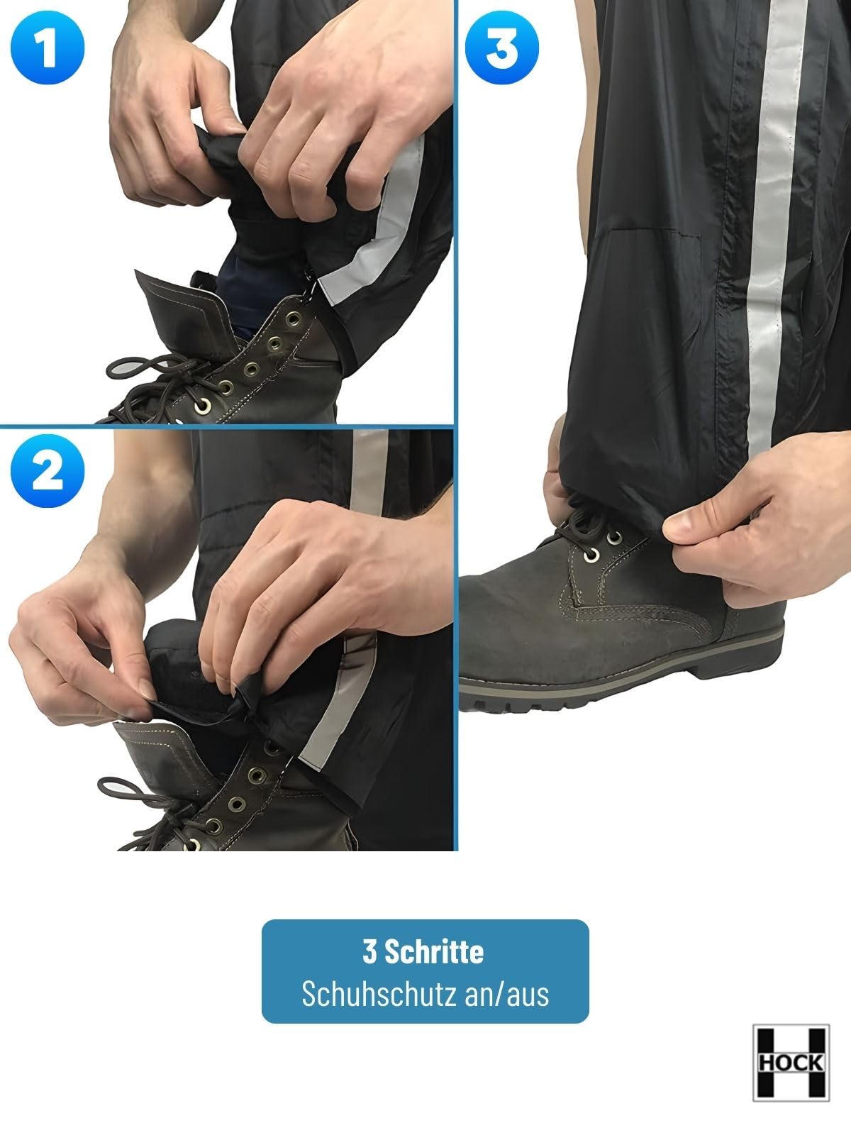 HOCK Unisex Regenhose Fahrrad inkl. ausfaltbarem Schuhschutz - Hochwertige Regenbekleidung mit Reflektor-Streifen - 100% wasserdichte Hose für Herren und Damen