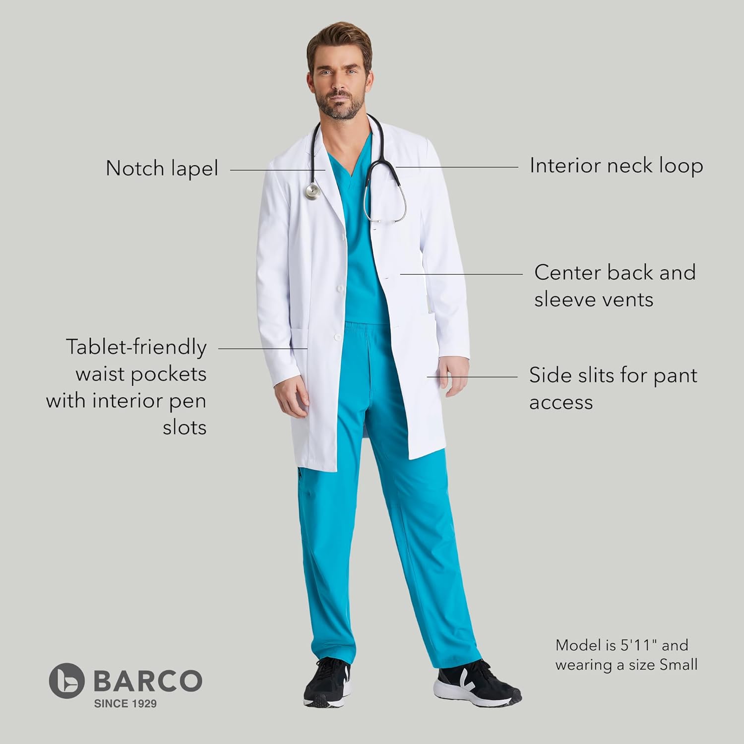 BARCO Verse Lab Coat for Men - Professional, 3-Pocket, 3-Button Closure Long Sleeve 38" Men's Lab Coat - Image 4