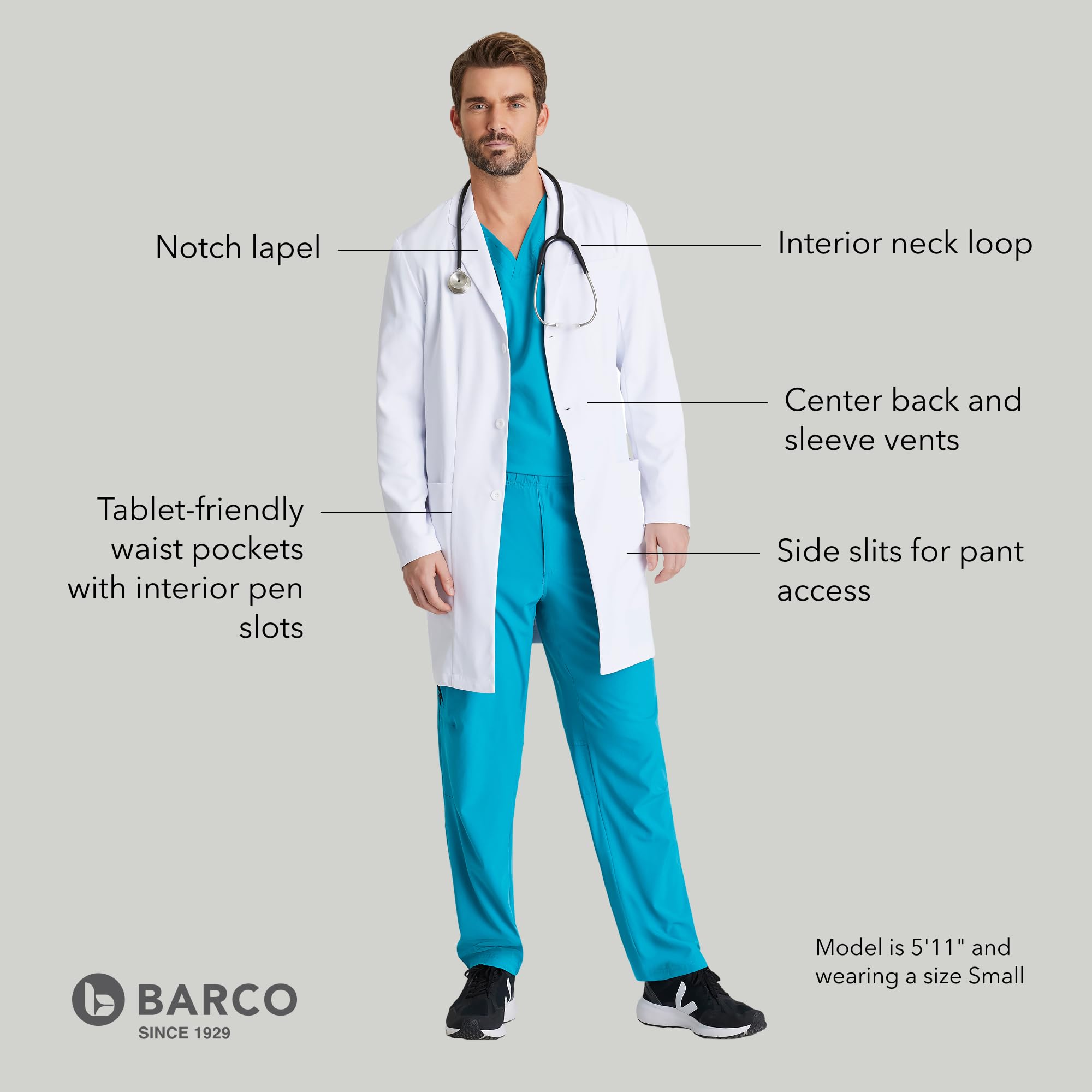 BARCO Verse - Abrigo de laboratorio para hombre, profesional, 3 bolsillos, cierre de 3 botones, manga larga, 96,5 cm