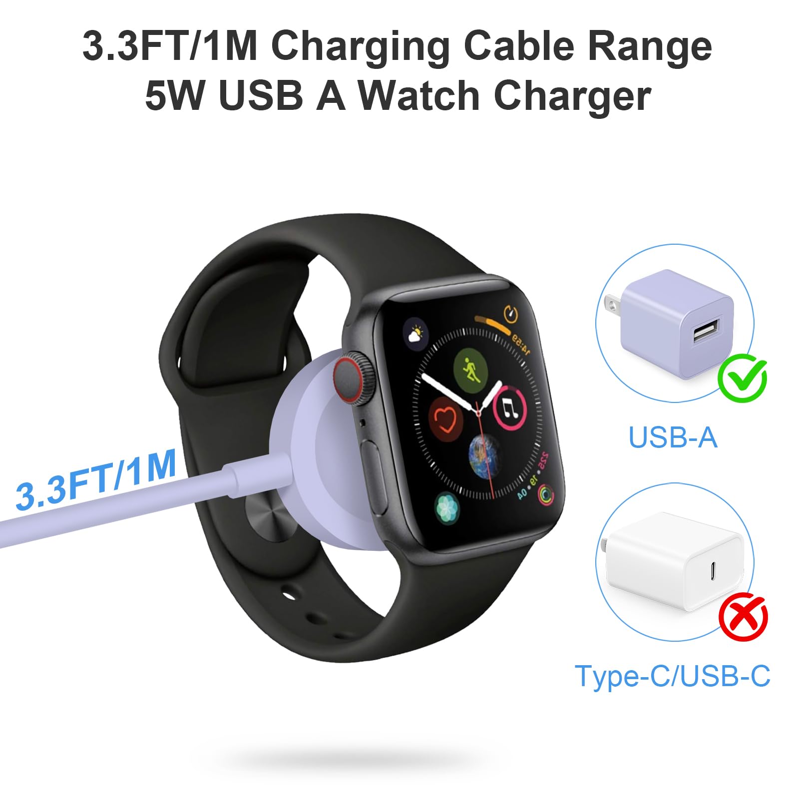 Caricabatterie per orologio per Apple Watch Charger [Apple MFi certificato] Caricabatterie per orologio magnetico iWatch Caricatore da 3,3 piedi Cavo di ricarica rapida USB A Adattatore da parete per