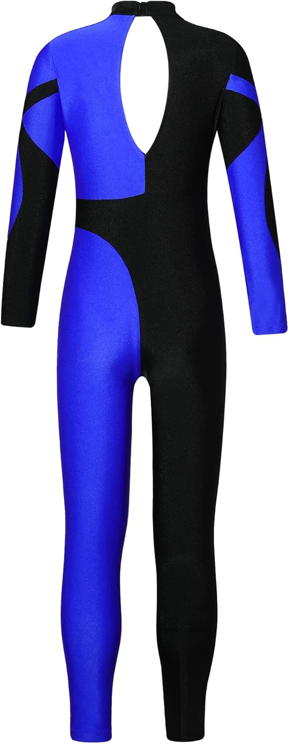iEFiEL Girls Long Sleeve Gymnastics Dance Unitards Rhinestone Color Block Keyhole Back Figure Skating Ballet Jumpsuit Leotard