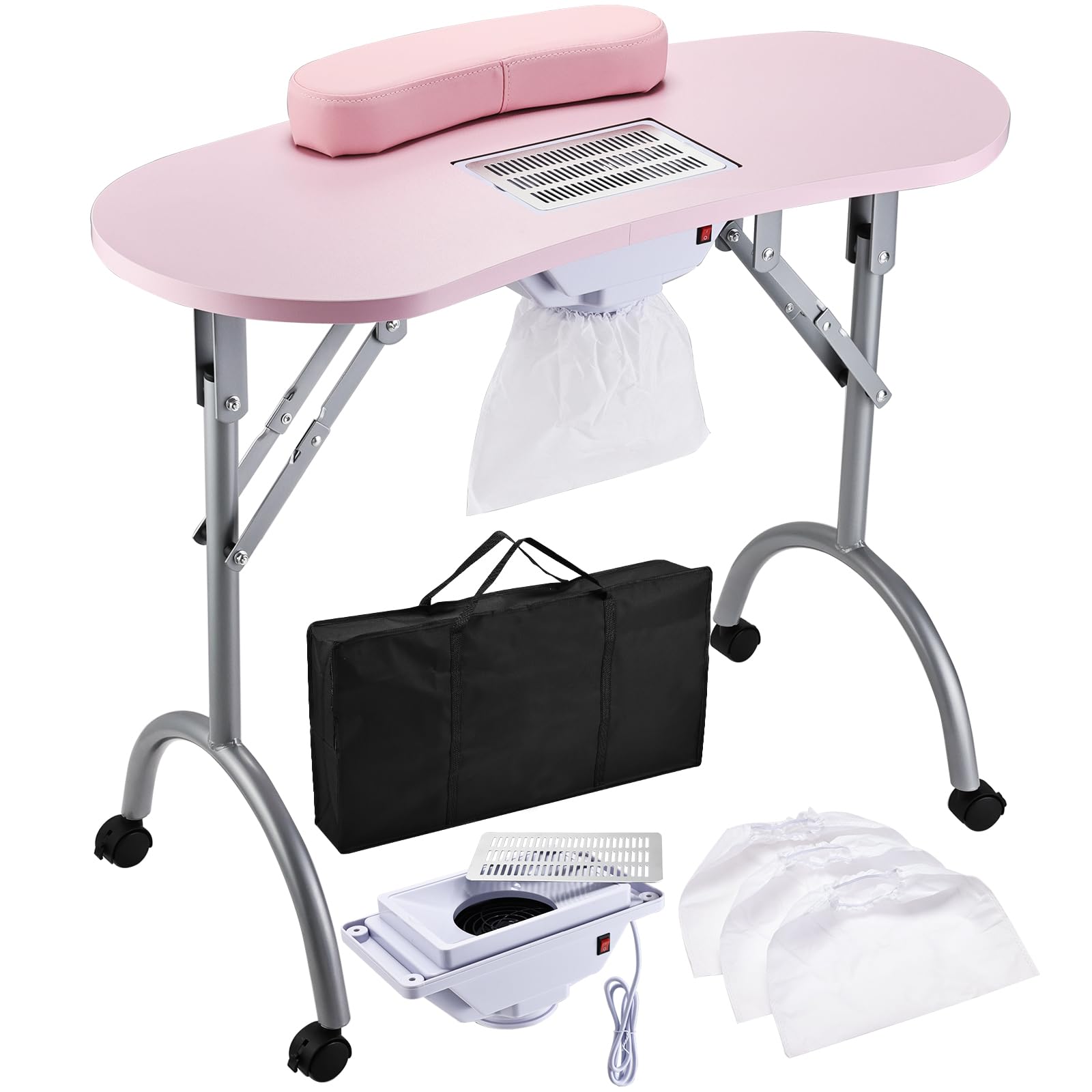 Manicure Table with Nail Dust Collector, Portable Nail Table Rolling Nail Desk Nail Tech Travel Nail Station Foldable Professional Nail Salon Table with Cacuum,Arm Rest,Lockable Wheel,Bag,Pink
