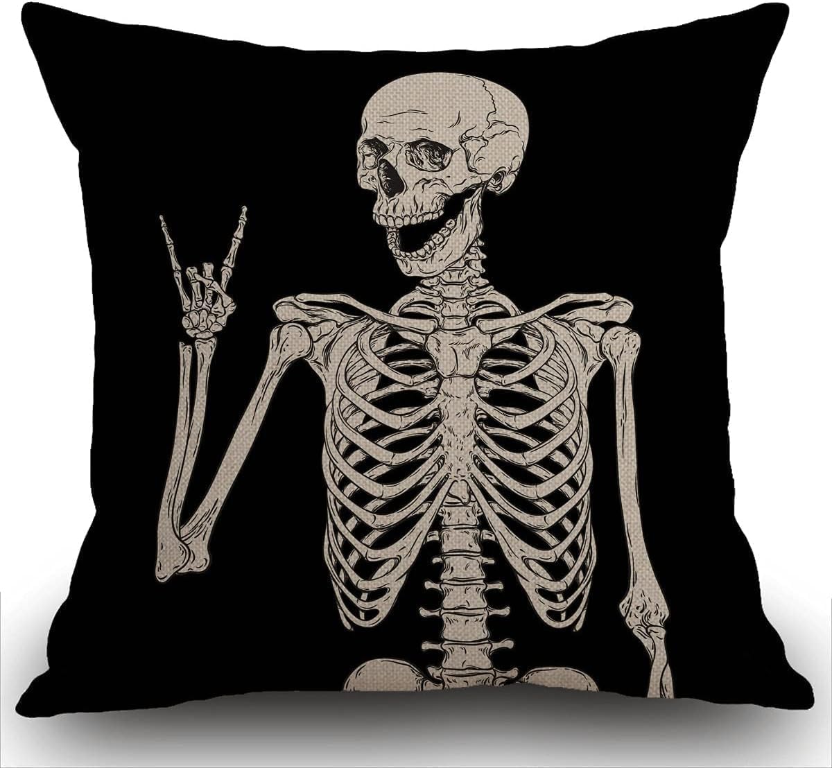 ZFENGYYUAN Skull Human Skeleton Linen Cushion Cover Human Skeleton Posing home Decor Throw Pillow Case Pillowcase Couch Livingroom Sofa Bed 18x18 Inches
