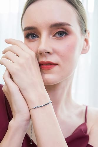 Miniatura 2 de Pulsera de plata de ley auténtica, creada o simulada con bisel redondo de 0.079 pulgadas, ajustable, delicada pulsera de tenis para mujer