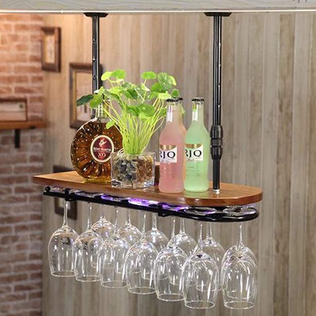 Étagère bois antique et casier à vin fer suspendu réglable pour verres