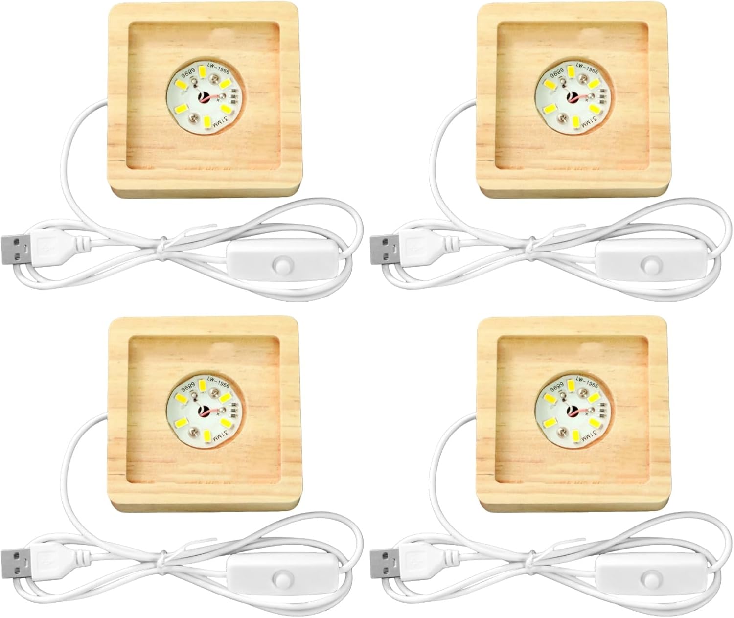 4 Pcs Square LED Light Bases with Wooden Stands, USB Powered, 6 LED Bulbs, 3D Crystal Display Light, Warm Glow, Set for Acrylic, Glass, Resin Art, with Switch