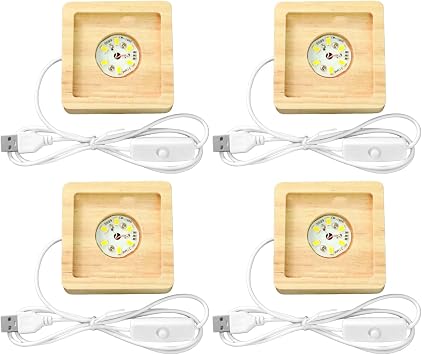 4 Pcs Square LED Light Bases with Wooden Stands, USB Powered, 6 LED Bulbs, 3D Crystal Display Light, Warm Glow, Set for Acrylic, Glass, Resin Art, with Switch