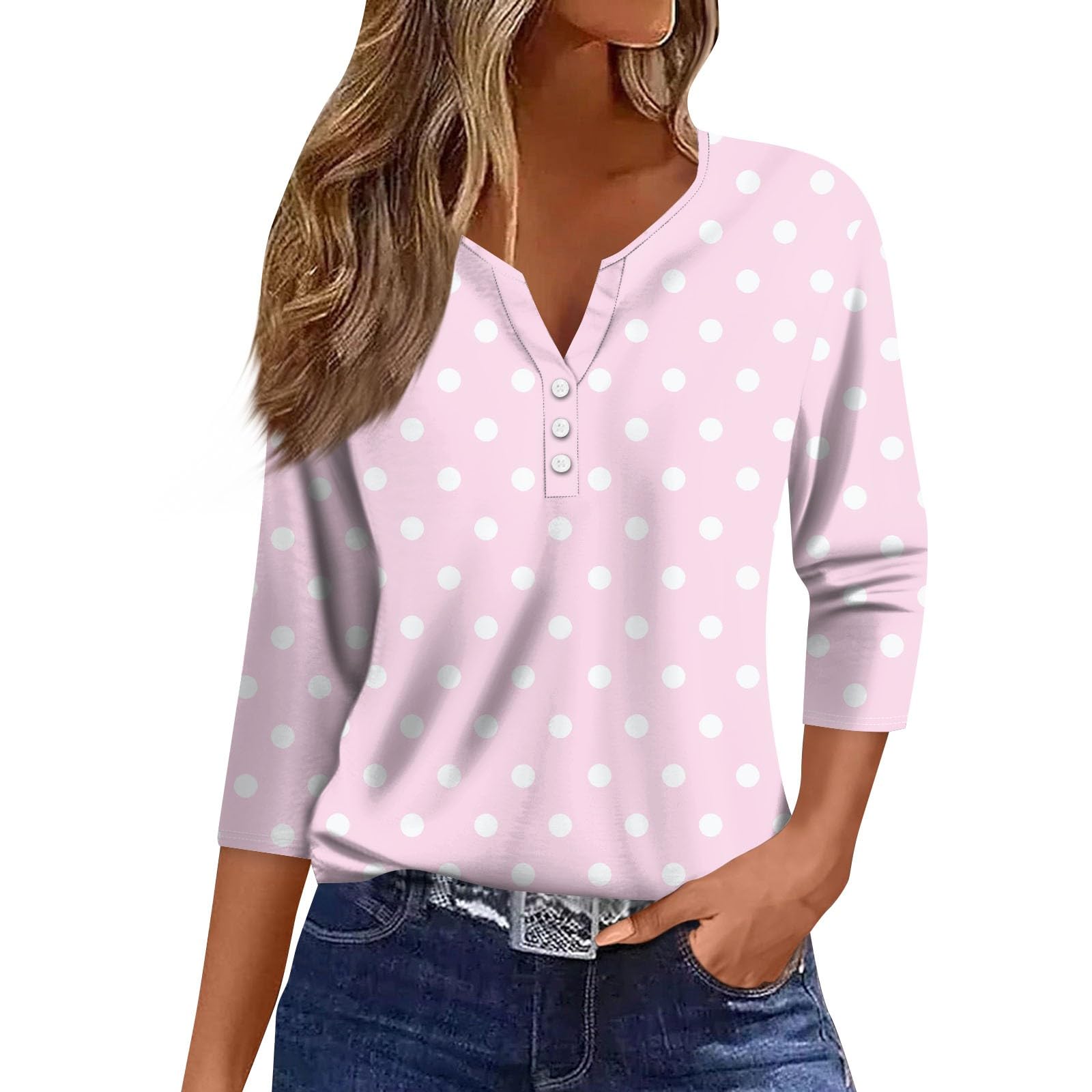 Womens 3/4 Sleeve Tops Casual Polka Dot V Neck Graphic Cotton Button Cute Summer Shirts Funny Loose Workout Henley Three Quarter Blouses Country