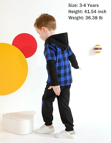 Miniatura 2 de YOUNGER TREE Conjunto de sudadera con capucha para niños pequeños, conjunto de camisa de franela a cuadros para otoño, invierno y primavera