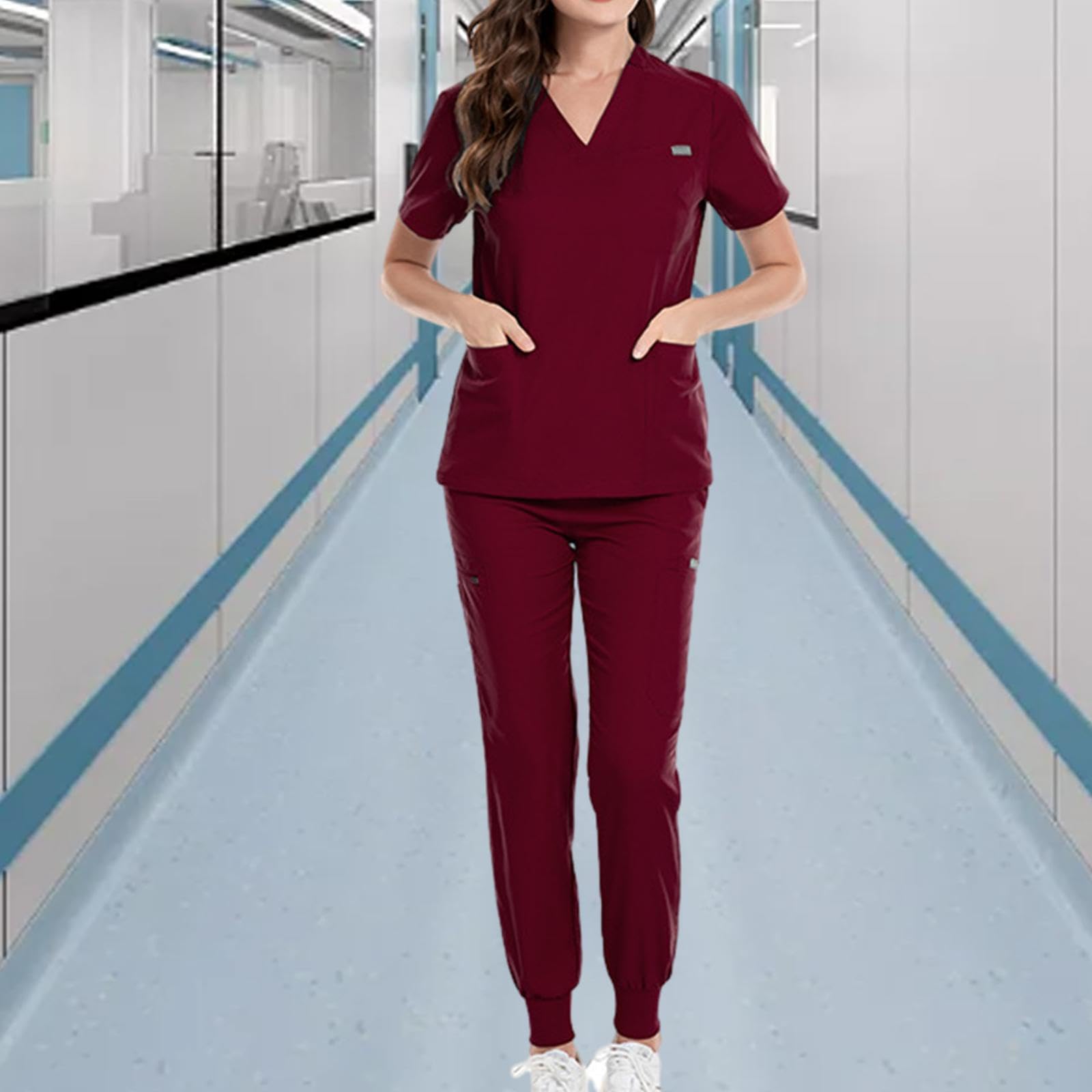 Divisa Da Infermiera Completa con Top Casual Pantaloni Tasche Pratiche Materiale Leggero Poliestere Spandex Rayon Adatta per Donne Assistenti Medici O, S, Rosso