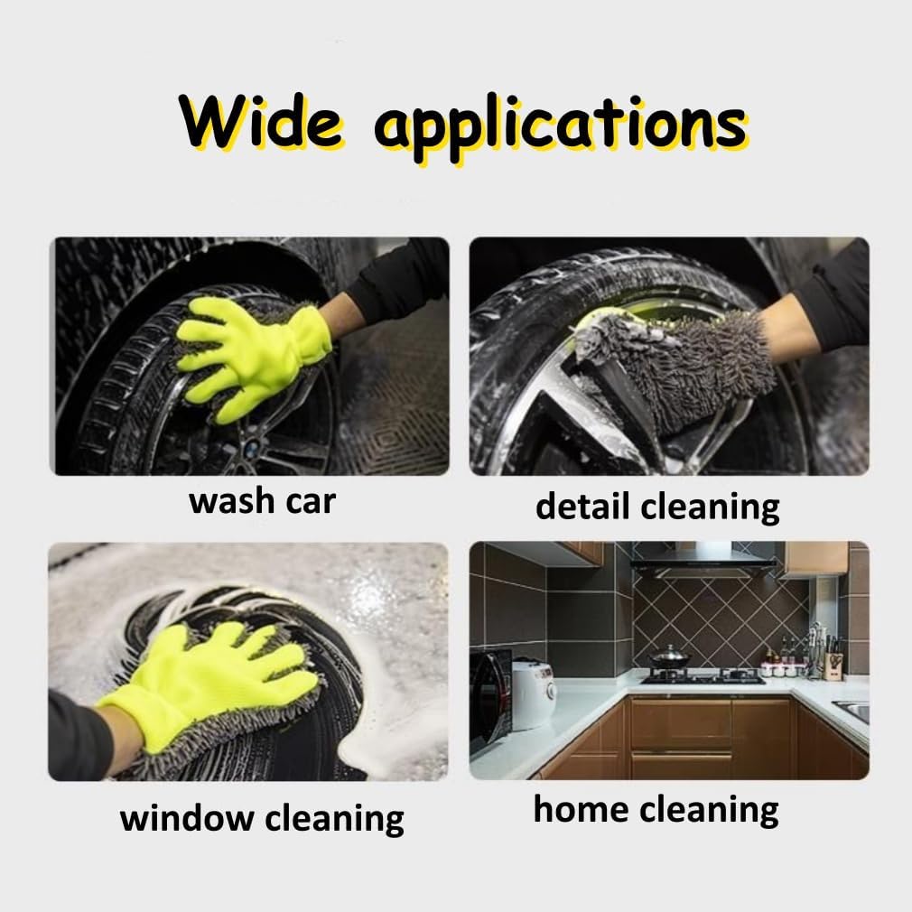 2 Pack Chenille Microfiber Car Wash Mitt 5-Finger Auto Dusting Gloves Scratch-Free&Lint-Free Car Washing Gloves for Car Detailing Trucks SUV RV Home Cleaning Mitts