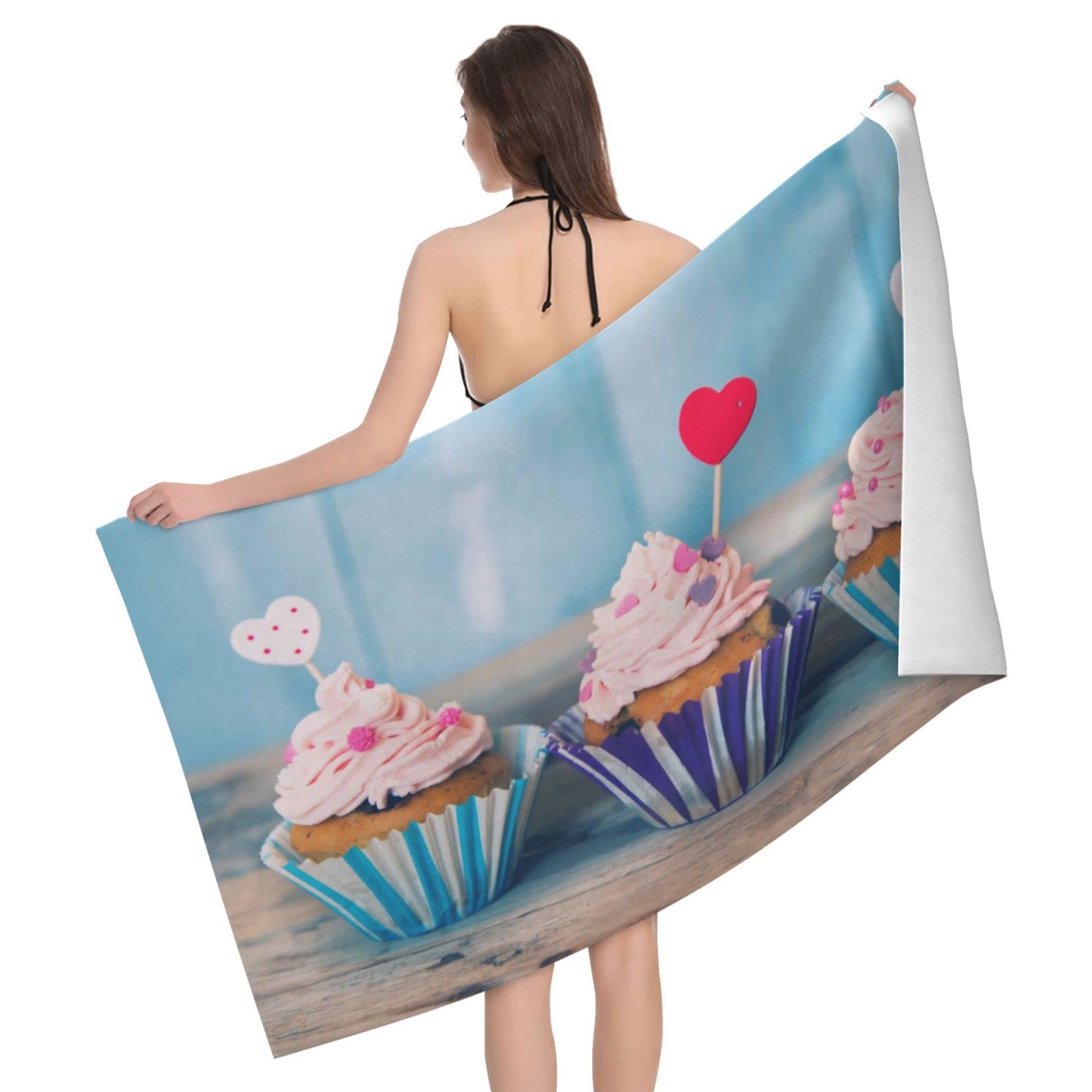Lawenp Cupcake Beach Towel, Lightweight Sand Free Quick Dry Microfiber Absorbent Bath Towel for Kids, Adults, Swimming, Bath, Yoga, Pool, Travel, Camping 32"X52"