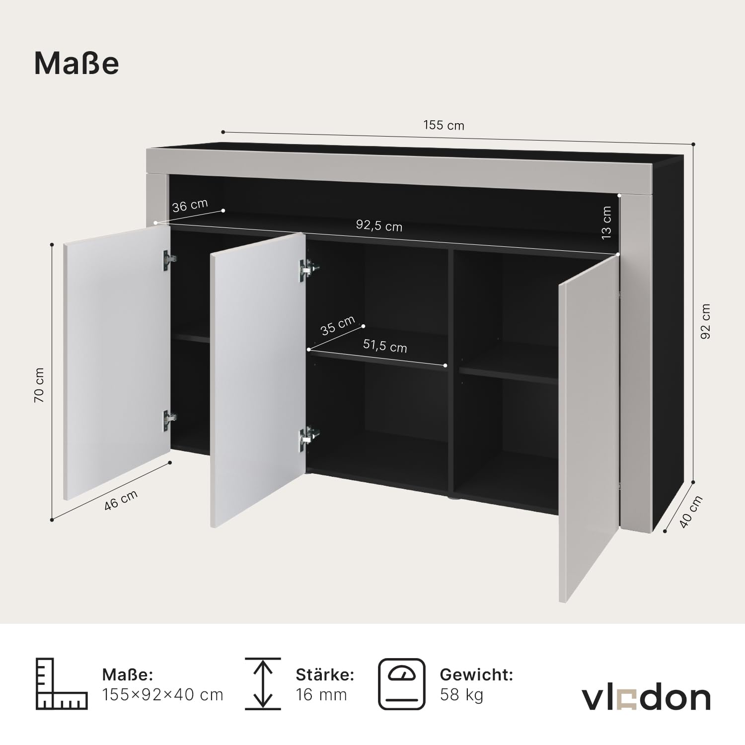 Vladon Sideboard Valencia, Kommode mit 3 Türen und 1 offenem Fach, Schwarz matt/Eiche Natur (155 x 92 x 40 cm)