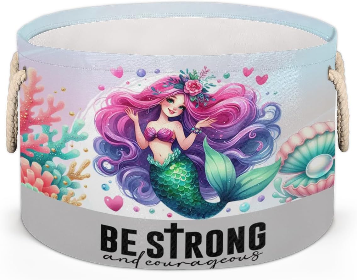 Large Round Laundry Basket Mermaid Girls Cute Toy Bins Organizers and Storage for Girls Canvas Collapsible Blanket Storage Basket Laundry Hamper Gift Baskets Bedroom Clothes Children Nursery