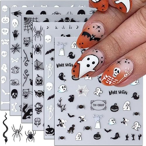 Calcomanías para uñas de Halloween, 6 hojas de calcomanías de uñas de fantasma negro 3D, autoadhesivas, calabaza, murciélago, fantasma, araña,