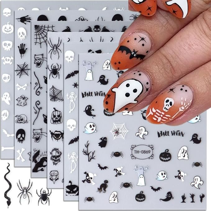 Halloween Nail Stickers, 6 Sheets Black Ghost Nail Decals 3D Self-Adhesive Small Horror Pumpkin Witches Bat Ghost Spider Halloween Pattern Black White Holiday Nail Art Design for Women Kids