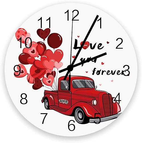 FoDuoDuo Reloj de pared de madera de moda, silencioso, sin tictac, día de San Valentín, Love You Forver, caricaturas, camión rojo con globo de