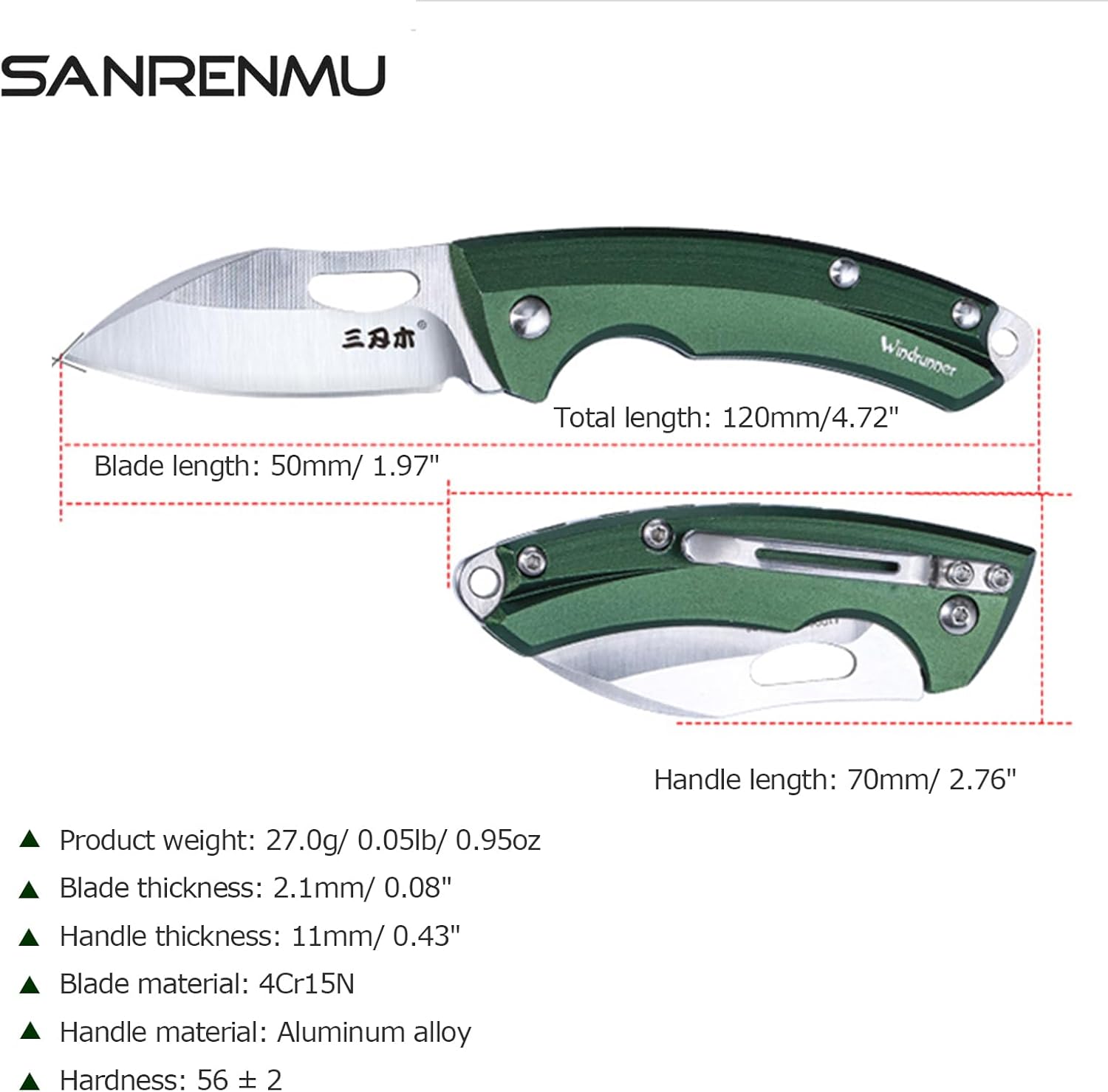 Sanrenmu Mini Folding Utility Knife with Pocket Clip 4Cr15N Blade 1.97“ Length Knife Lightweight Alloy Aluminum Handle (Green)