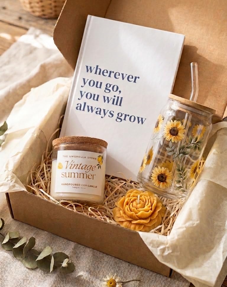 THE UMBRELLA STORE Sunflower Gift Hamper for Women | Scented Soy Candle Gift Set with Notebook & Glass Jar | Self Care Gift Box for Birthday, Anniversary, Bridesmaid | Premium Curated Gift (Yellow)-image-44