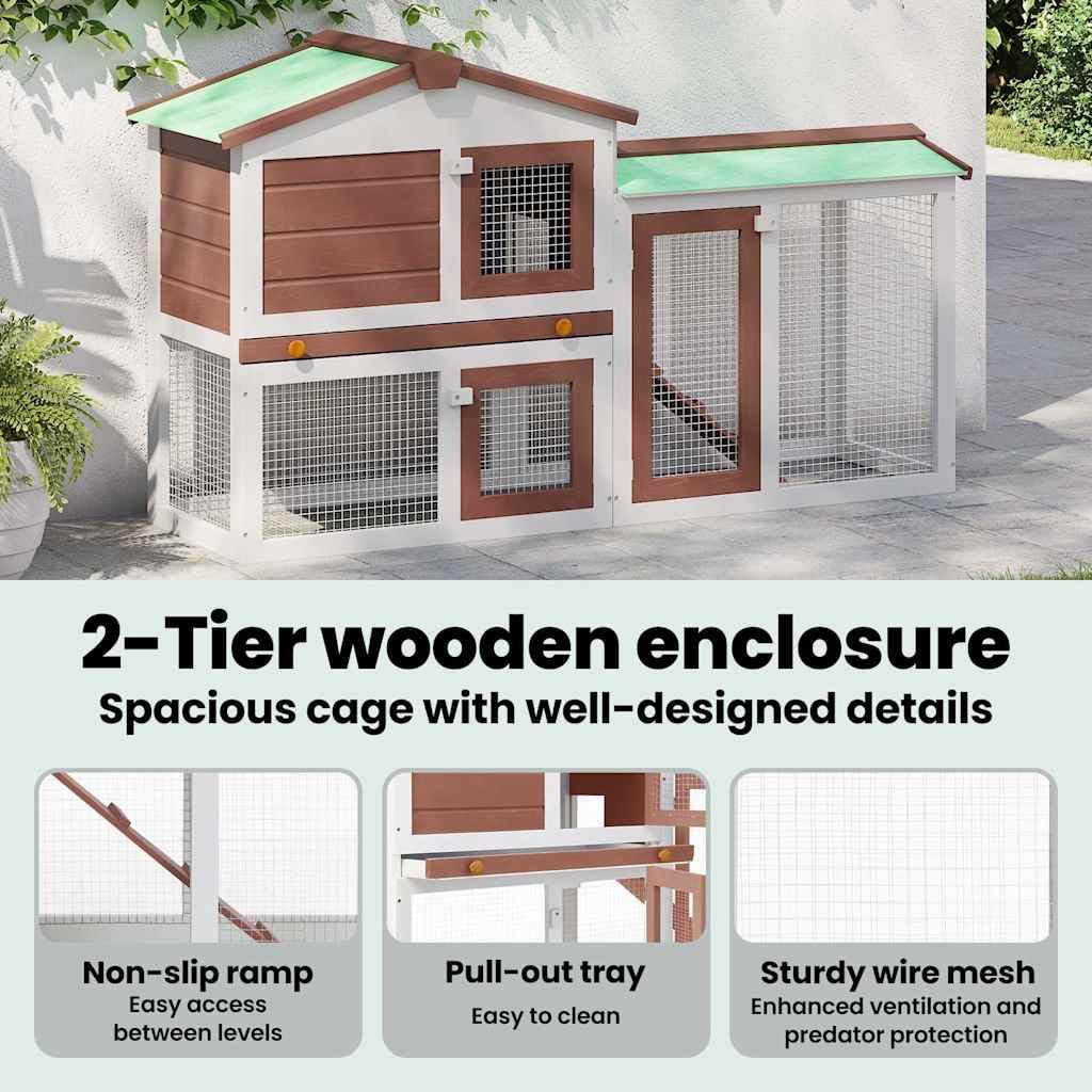 vidaXL Holz Großer Kaninchenstall Hasenstall Kaninchenkäfig Hasenkäfig Kleintierstall Hasenvilla Meerschweinchen Braun Weiß 145x45x84cm