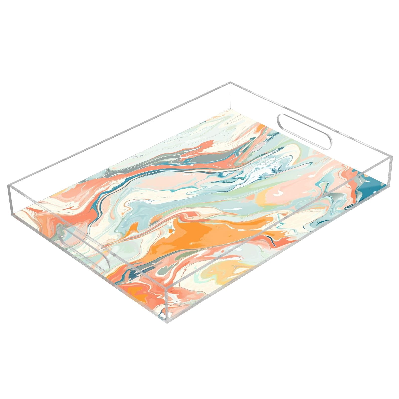 IOACIY Clear Serving Tray 12x16 Inches Acrylic Decorative Tray Organiser for Ottoman Coffee Table Countertop with Handles, Marble (11)