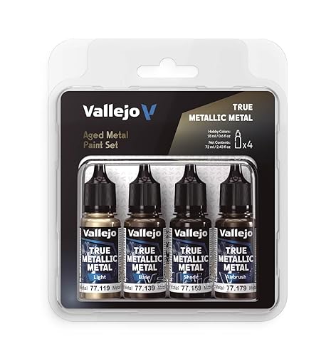 Vallejo True Metallic Metallfarben-Set, 4 Farben zum Lackieren von Metallen, inklusive Grundierung, Hell, Schattierung und Airbrush, für gleichmäßige und vielseitige Ergebnisse, BSL-Serie - Gealtertes Metall