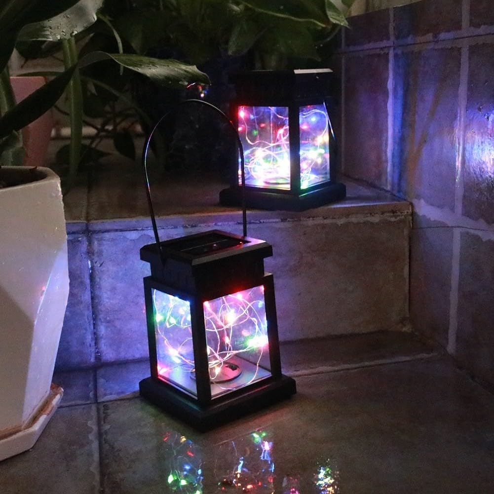 Oniissy Farol colgante de energía solar con luces LED intermitentes para decoración de jardín al aire libre, lámpara de mesa impermeable con diseño antiguo y mango de metal, perfecto para (003)