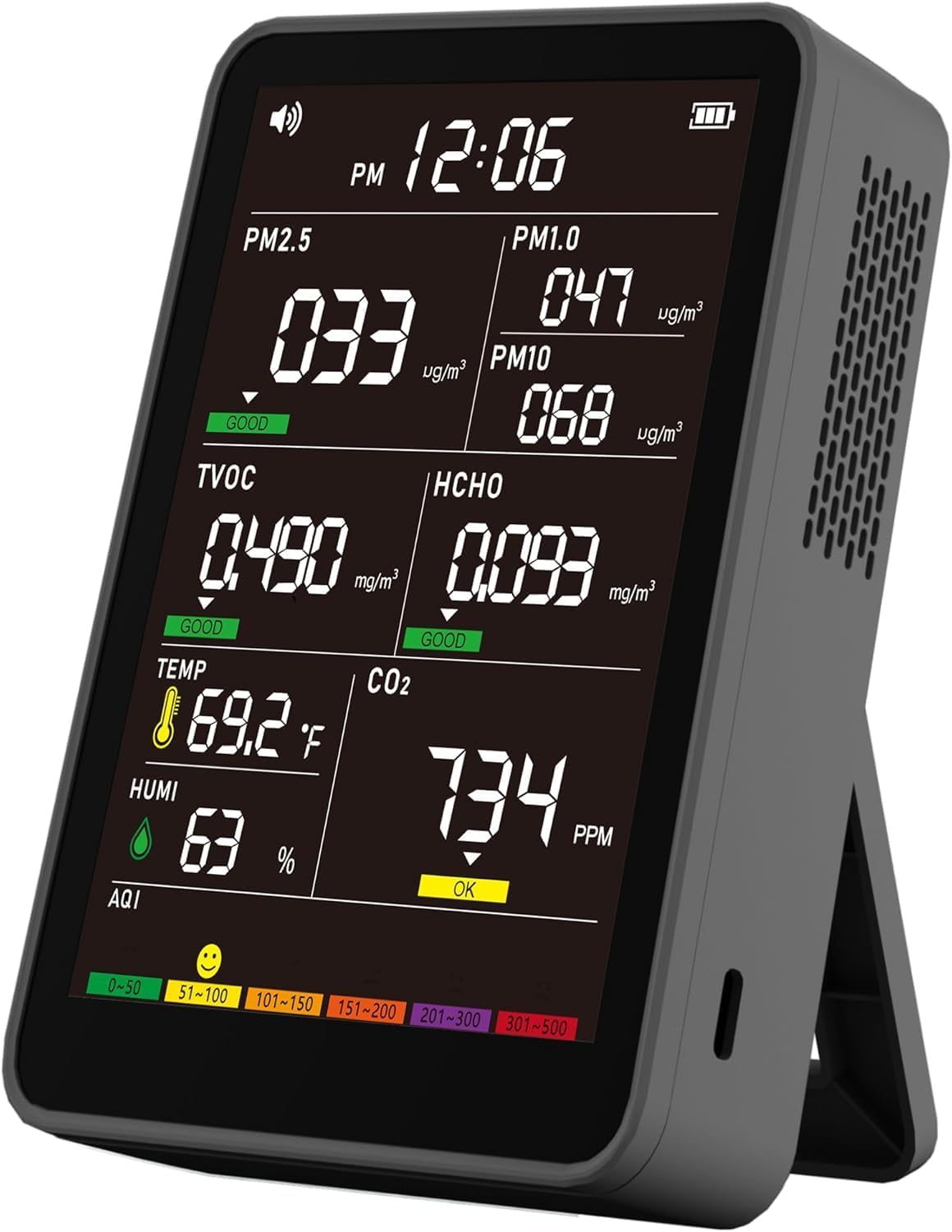 Professional Indoor Air Quality Monitor with AQI Alerts, Portable Real-Time Detector for Home, Car, Plants & Pets (Black)