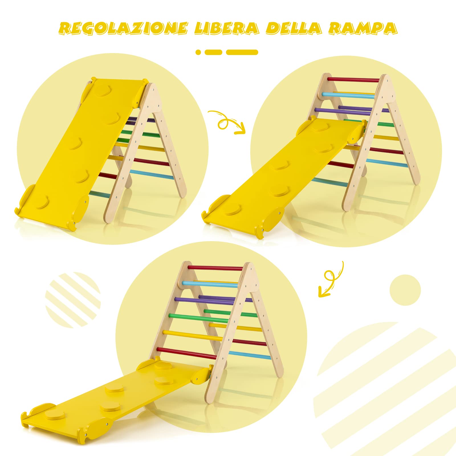 RELAX4LIFE Triángulo de Escalada con Tobogán para Niños, Escalera de Escalada de Madera, Triángulo Estable, Parque de Atracciones para Niños de 1+ Años (Modelo 4 Colorido)