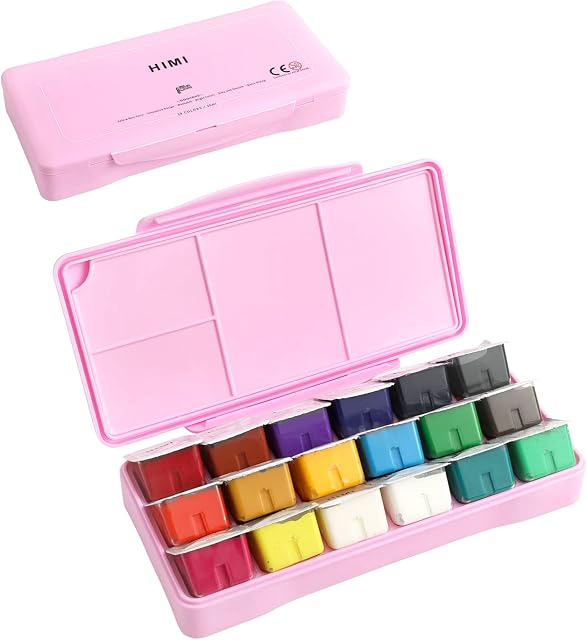 Gouache Paint Kit, 18 Colors x 30ml Paint Set Unique Jelly Cup Design with Portable Case Gouache, Perfect for Oil, Acrylic Painting & More (Pink)