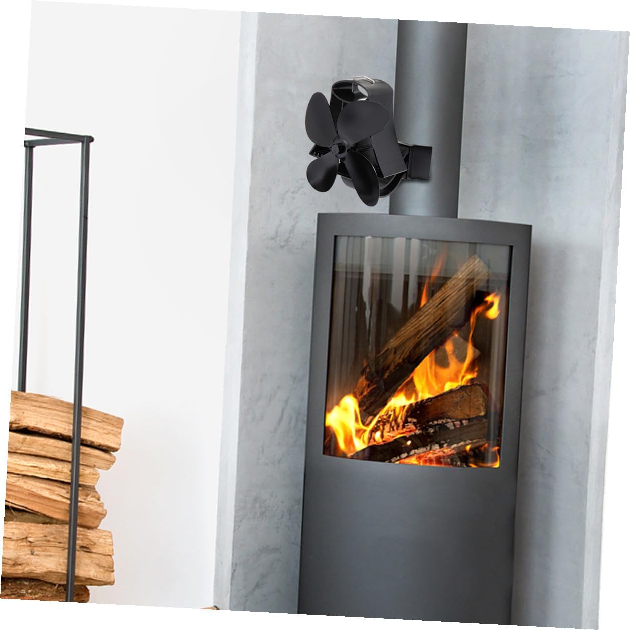 Thermal Power Fireplace Stove Fan with 4 Blades, Black Heat Powered Wood Burner Fan, Magnetic High-temperature Motor for Efficient Heat Circulation
