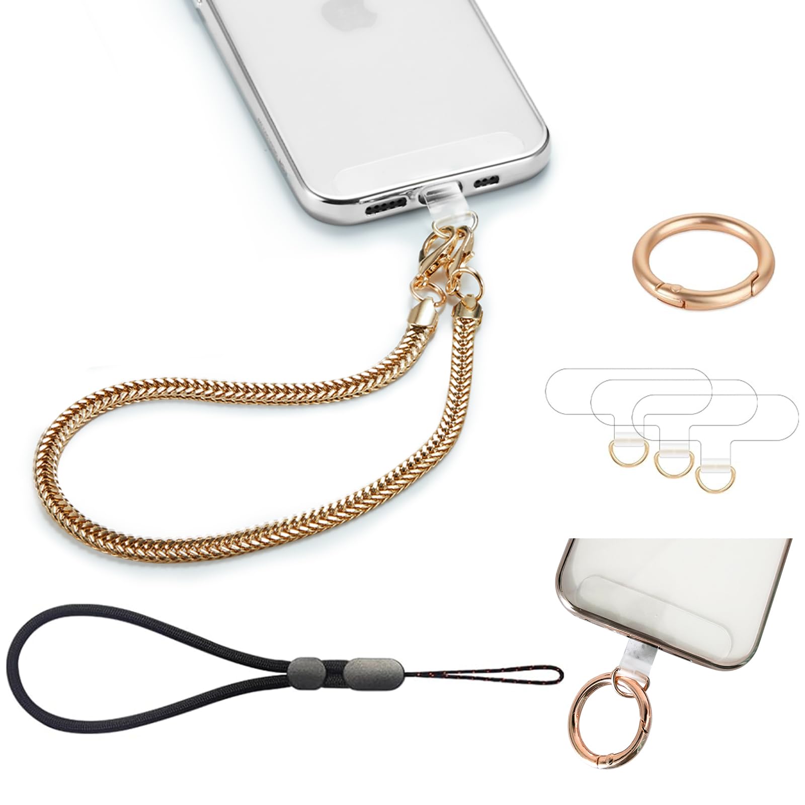 Phone Wrist Strap Phones Charm Hand Lanyard Metal Chain Detachable Adjustable Grip Wristlet Bracelet with 3 Patches Tether Universal for iPhone 16 Pro Max 15 14 Samsung Women Charms Gold