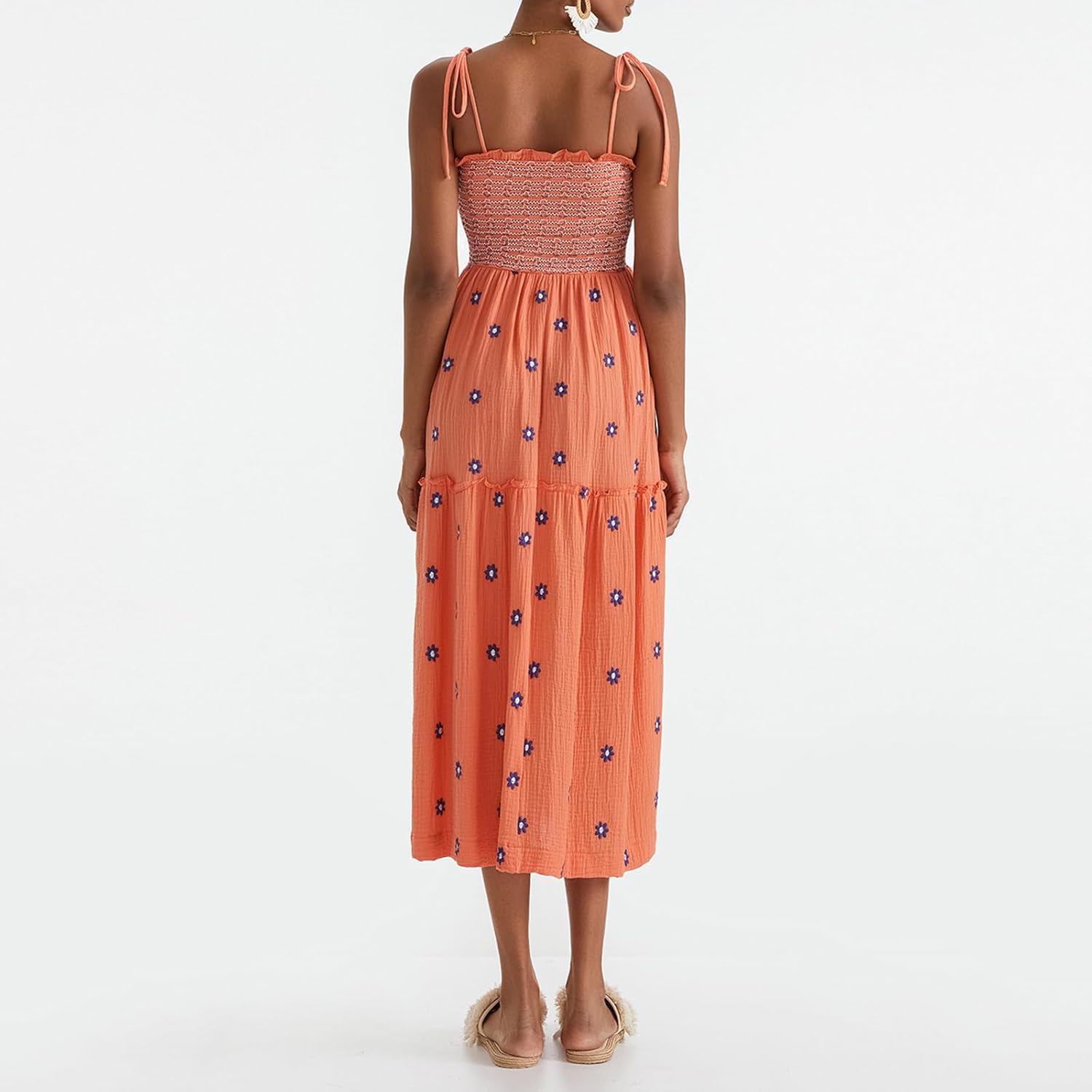 Women Floral Embroidered Maxi Dress Boho Sleeveless Tie Strap Shoulder Dresses Smocked Summer Sundress with Pockets - Image 8