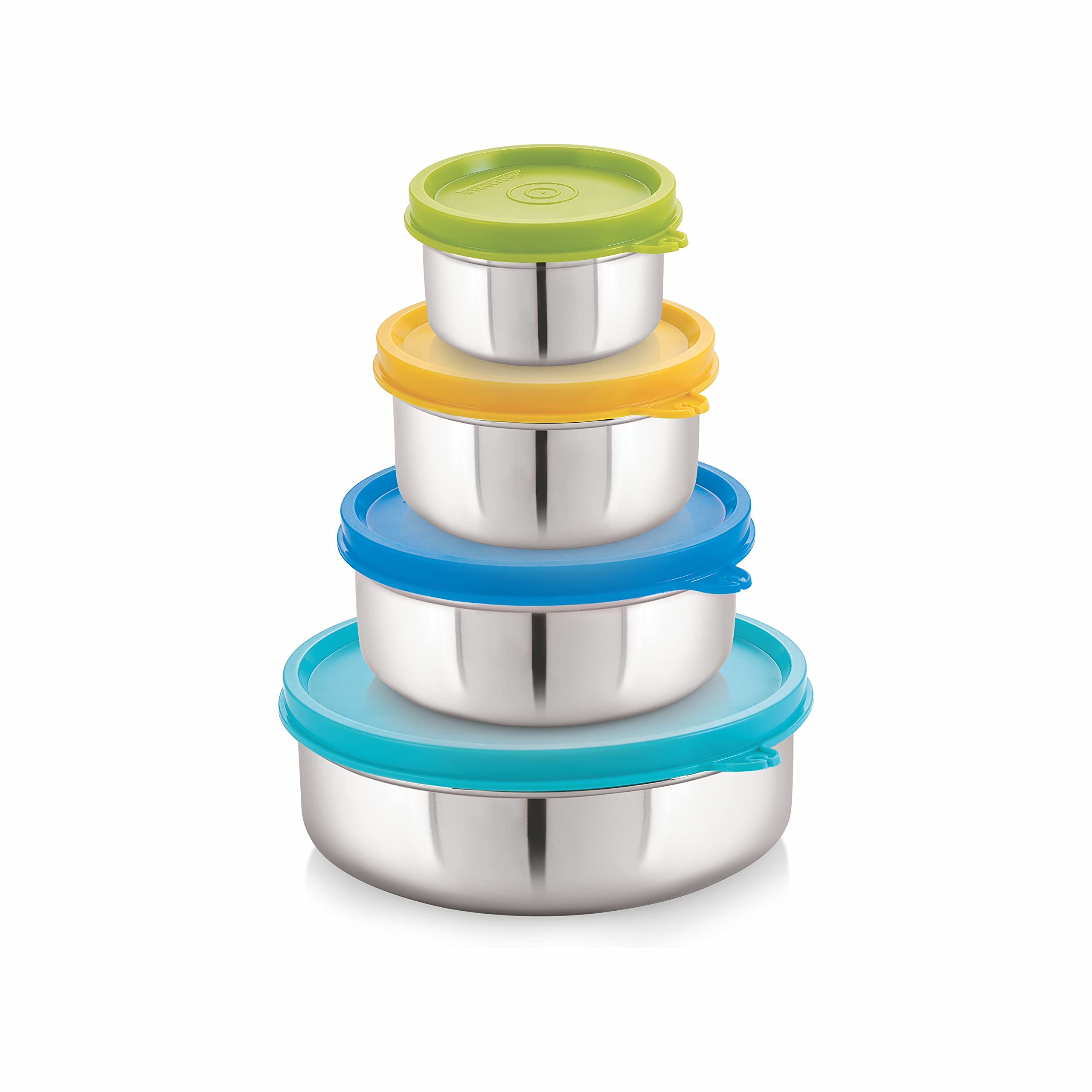 STEELLOCKFlex Stainless Steel Containers Size Deep 150ml x 1, 250ml x 1, 500ml x 1, 700ml x 1 (Yellow/Blue/Green/Turquoise)