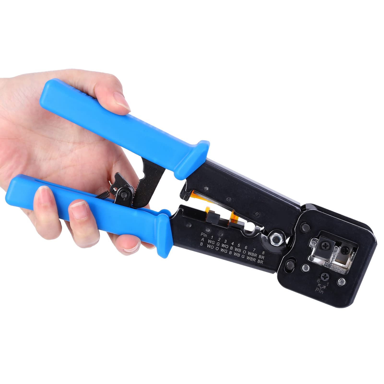 Crimpatrice per cavi di rete multifunzionale, spelafili e pinza a crimpare per connettori RJ45 e RJ11 a 4P, 6P, 8P con impugnatura ergonomica antiscivolo