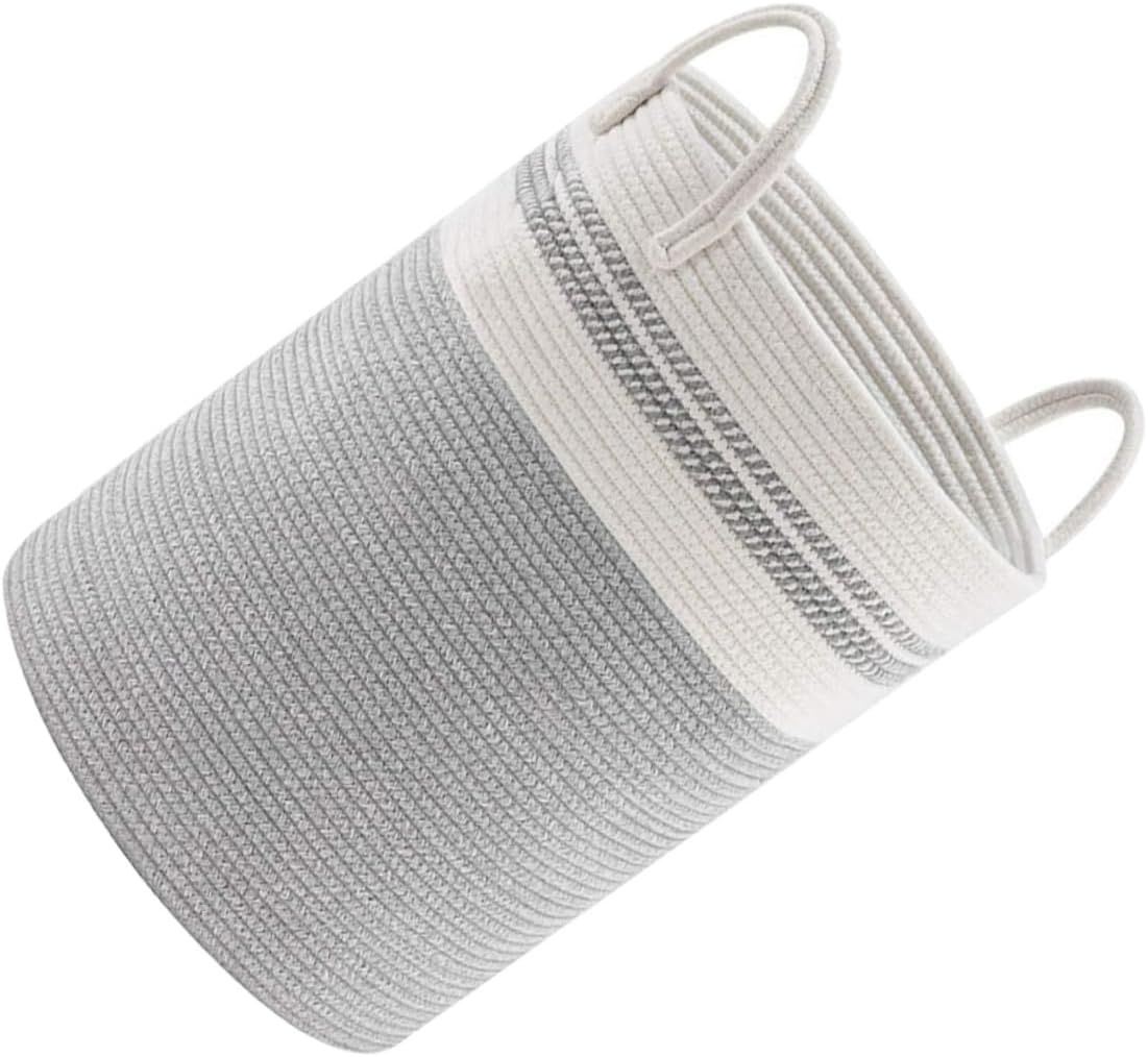 KICHOUSE Woven Laundry Basket with Cotton Rope, 38x50cm Foldable Storage Hamper for Clothes and Sundries, Gray and White Cylindrical Organizer for Home and Office Use