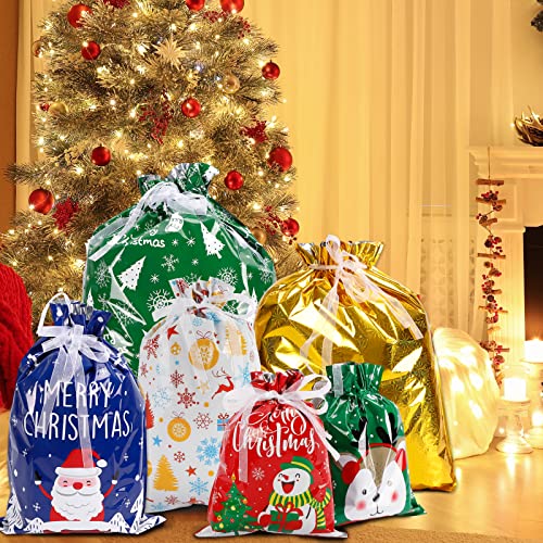 Superlele Christmas Drawstring Gift Bags 32Pcs Assorted Sizes Christmas Bags Foil Wrapping Sacks Pouches Santa Goody Bags In 4 Sizes And 7 Designs For Xmas Holiday Presents Party Favor #TOP4