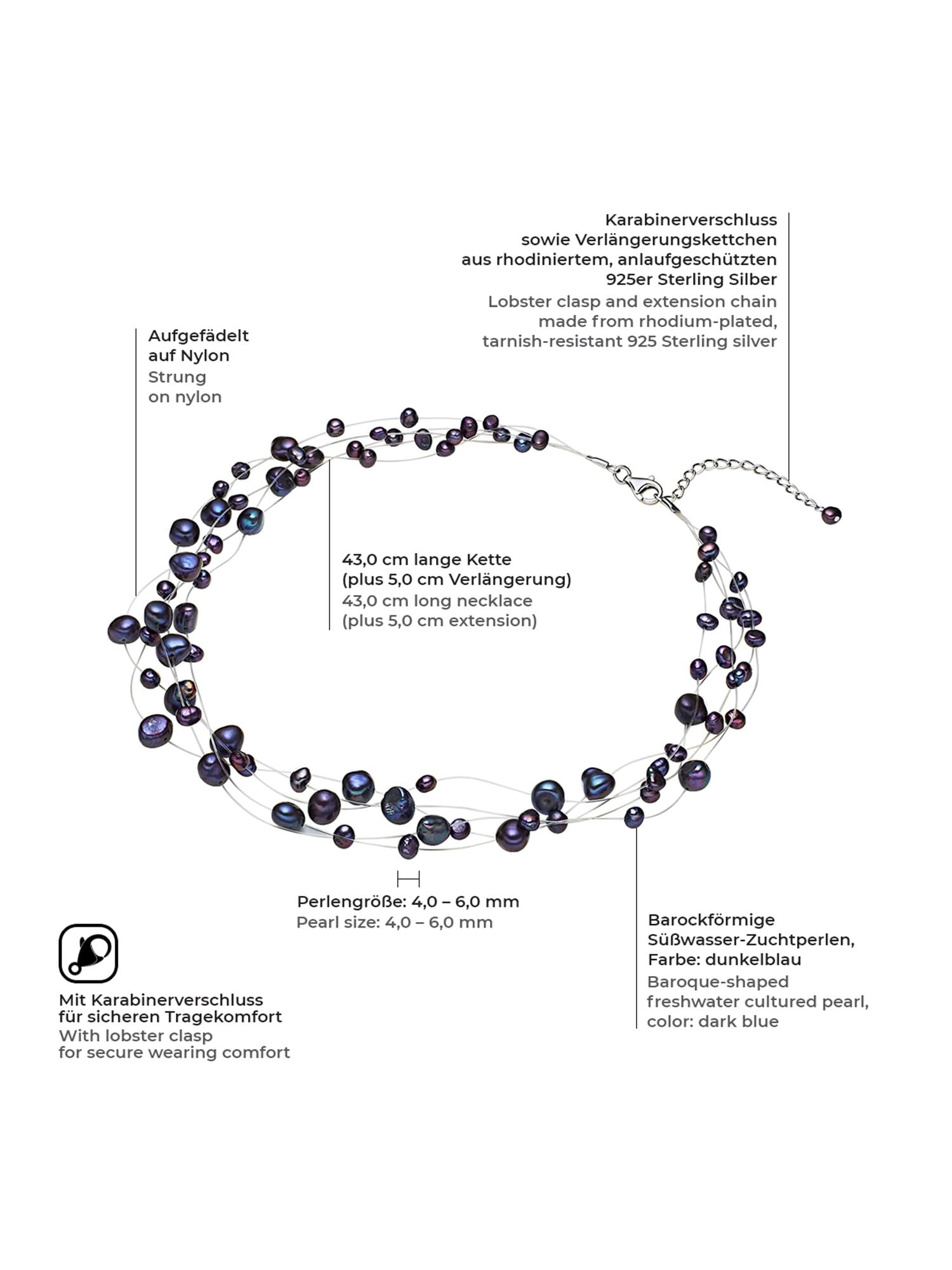 Valero Pearls Catena da Donna in Argento Sterling 925 con rodio con Perle coltivate d'acqua dolce blu scuro 60201649