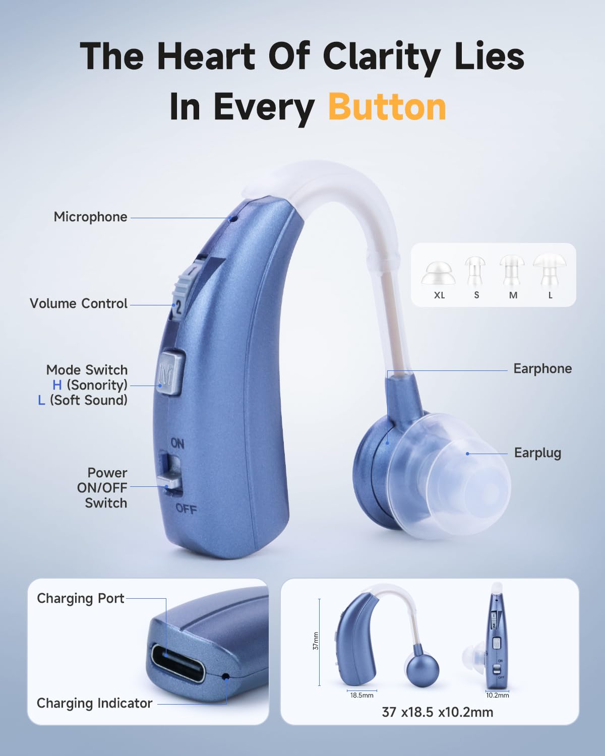Britzgo Supporto audio personale 1301 BTE, batteria a lunga durata 40H, ricarica rapida di tipo C, volume turbo rotante e 2 modalità audio (morbida/luminosa), guscio in ABS resistente (blu-uno)