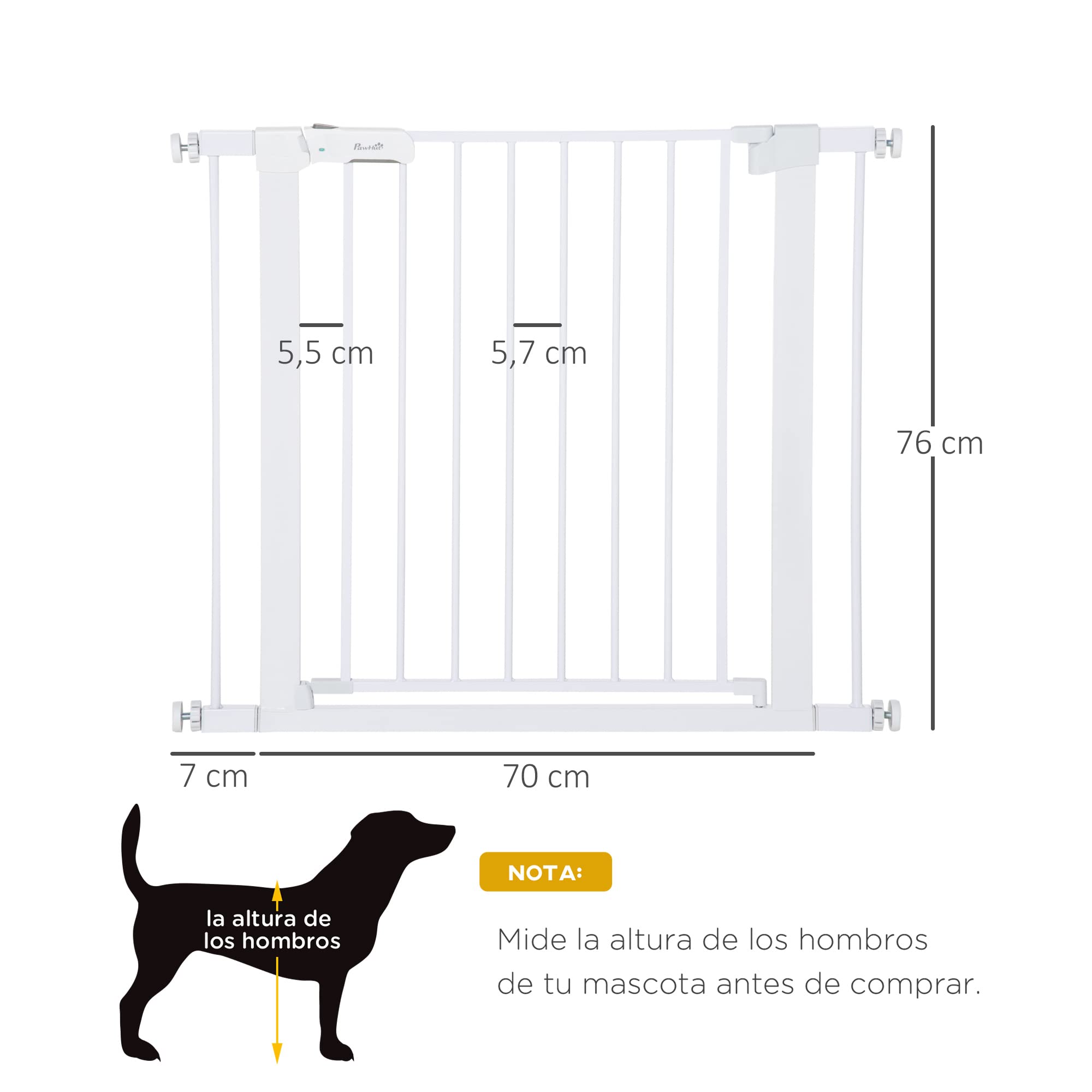 PawHut Barrera de Seguridad de Perros Extensible para Escaleras y Puertas 76-97 cm Valla para Perros con 2 Extensiones de 7 cm Cierre Automático y Marco Metálico Altura 76 cm Blanco