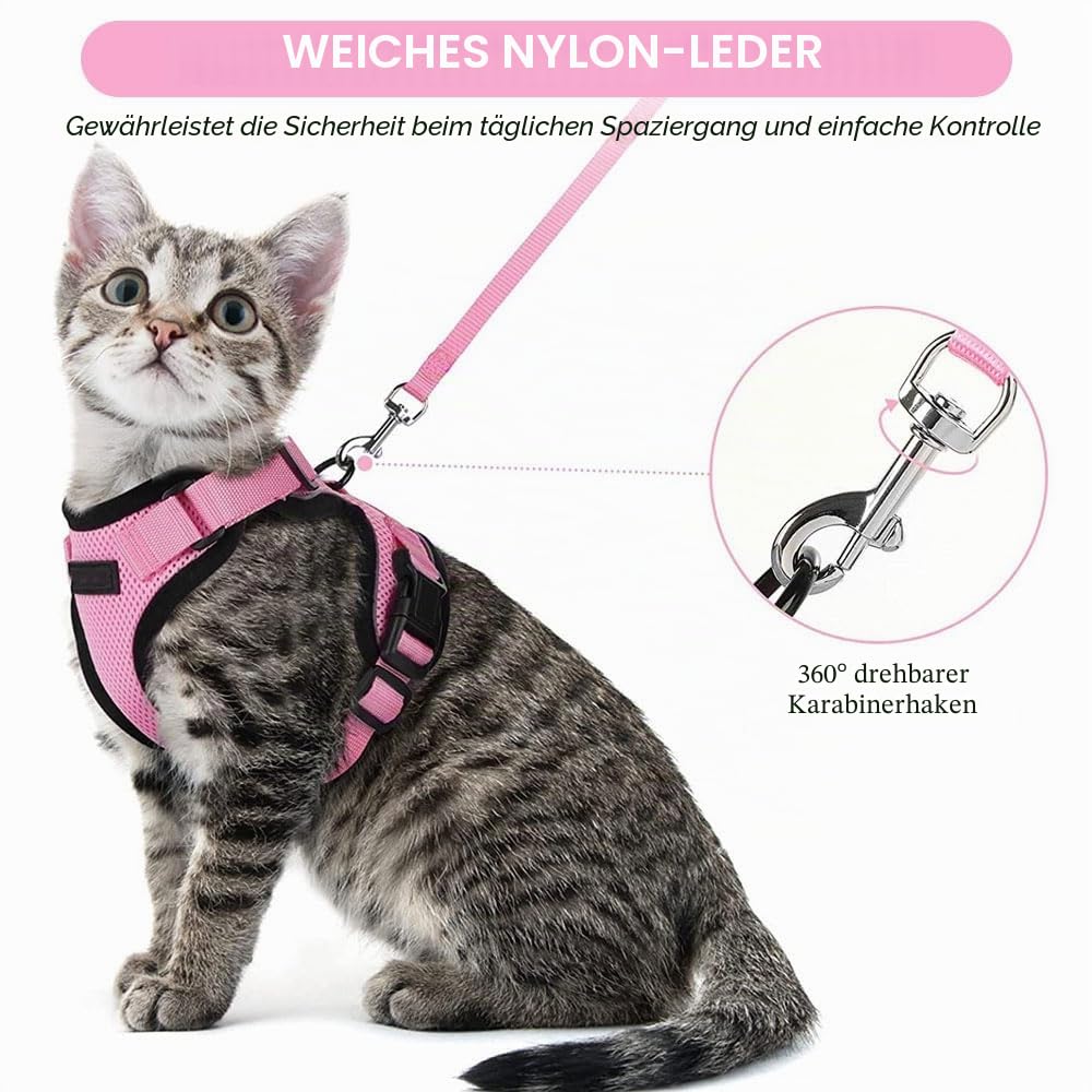 Voarge Katzengeschirr, verstellbar, mit 150 cm Leine, Sicherheits-Katzengeschirr für kleine mittelgroße große Erwachsene Katzen, Welpen, Katzengeschirr für Spaziergänge, Reisen (Rosa, S)