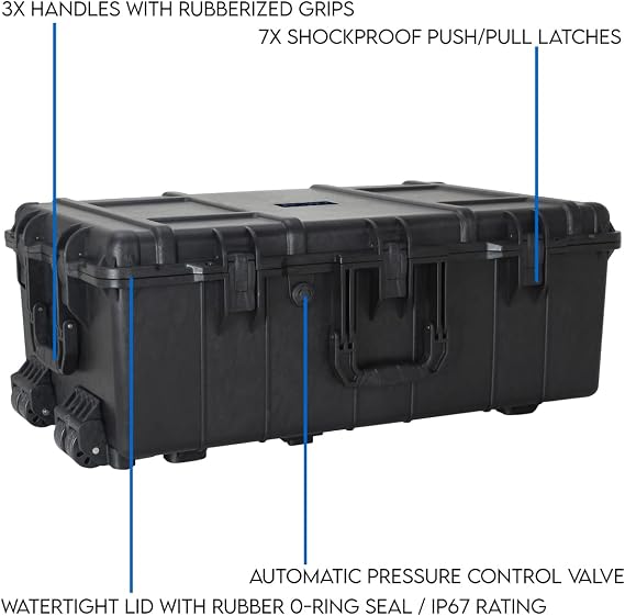 DCB Cases - Element 7975F | 32 x 21 x 12 Ext Dim | IP67 Waterproof | Pluck Foam Insert | Telescoping Handle | Rubberized Grips | Resin-Reinforced Injection Molded Plastic | 7 Latch Lid Close | Wheels