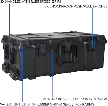 DCB Cases - Element 7975F | 32 x 21 x 12 Ext Dim | IP67 Waterproof | Pluck Foam Insert | Telescoping Handle | Rubberized Grips | Resin-Reinforced Injection Molded Plastic | 7 Latch Lid Close | Wheels