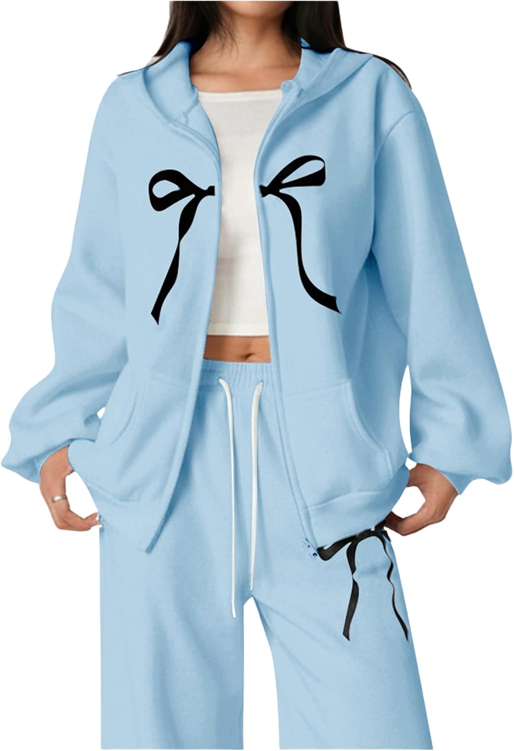 Verdusa Girl's Coquette Bow Zip Up Hoodie Sweatshirts Drop Shoulder Athletic Jacket with Pockets Blue 10 Years