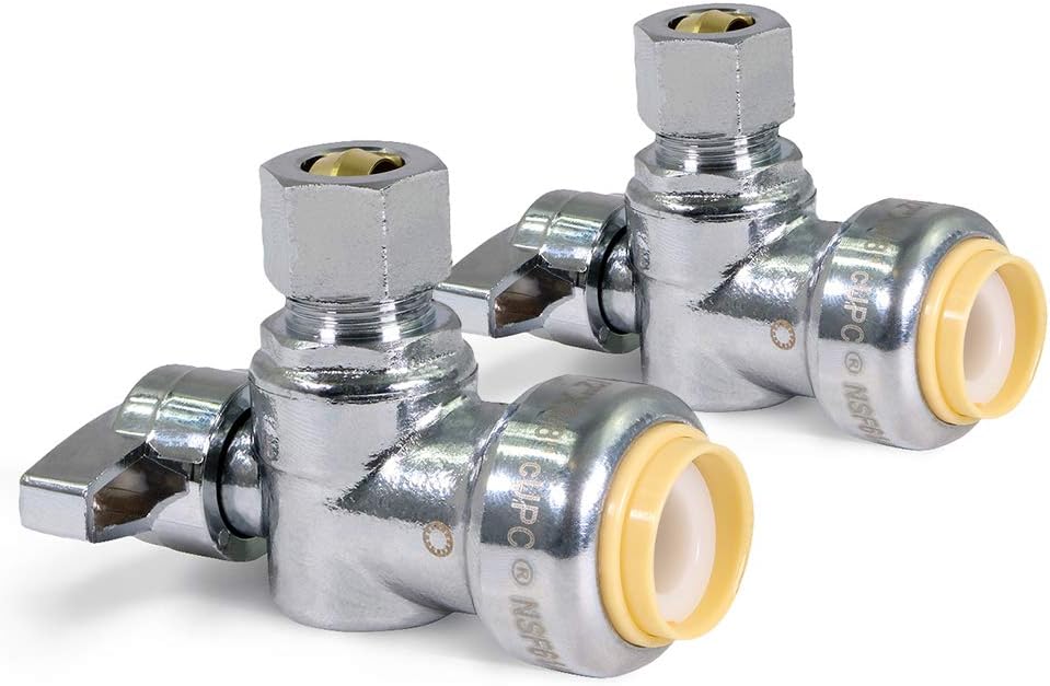Pushlock UPASC1214-2 1/4 Turn Angle Stop Valve Water Shut Off 1/2 Push x 1/4 Inch Compression Chrome Pack of 2