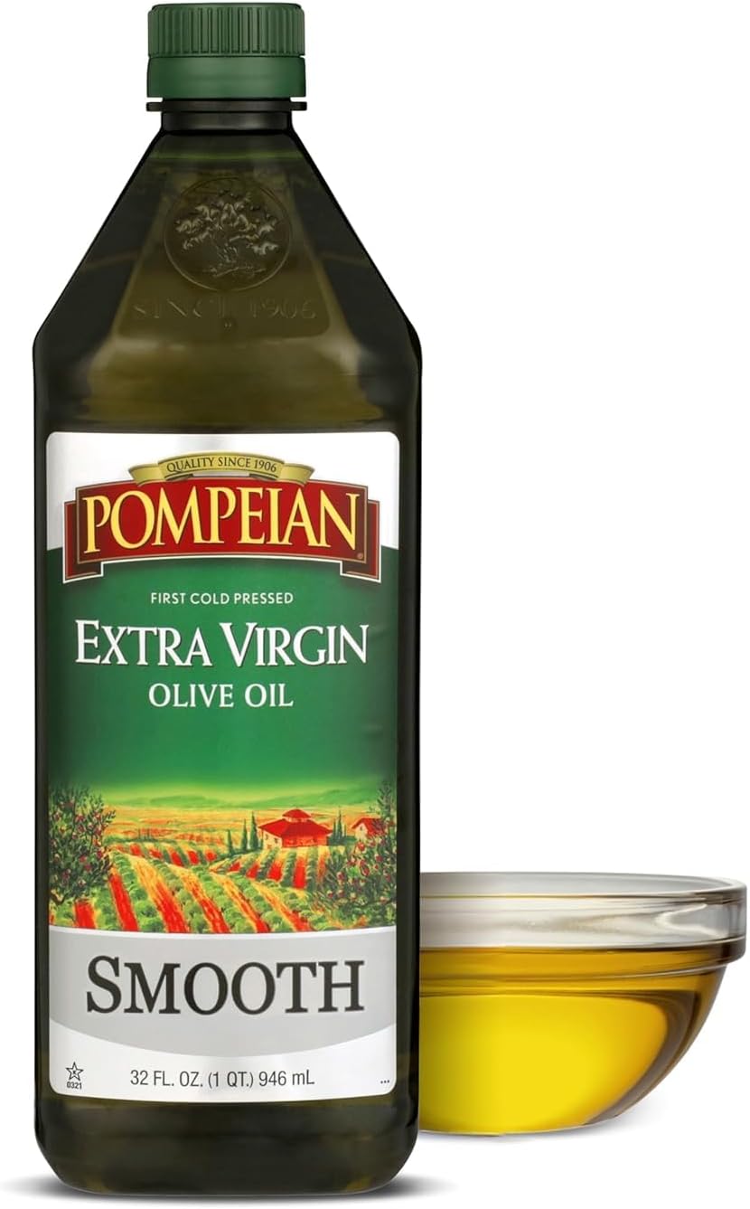 Pompeian Smooth Extra Virgin Olive Oil, First Cold Pressed, Mild and Delicate Flavor, Perfect for Sauteing and Stir-Frying, 32 FL. OZ.